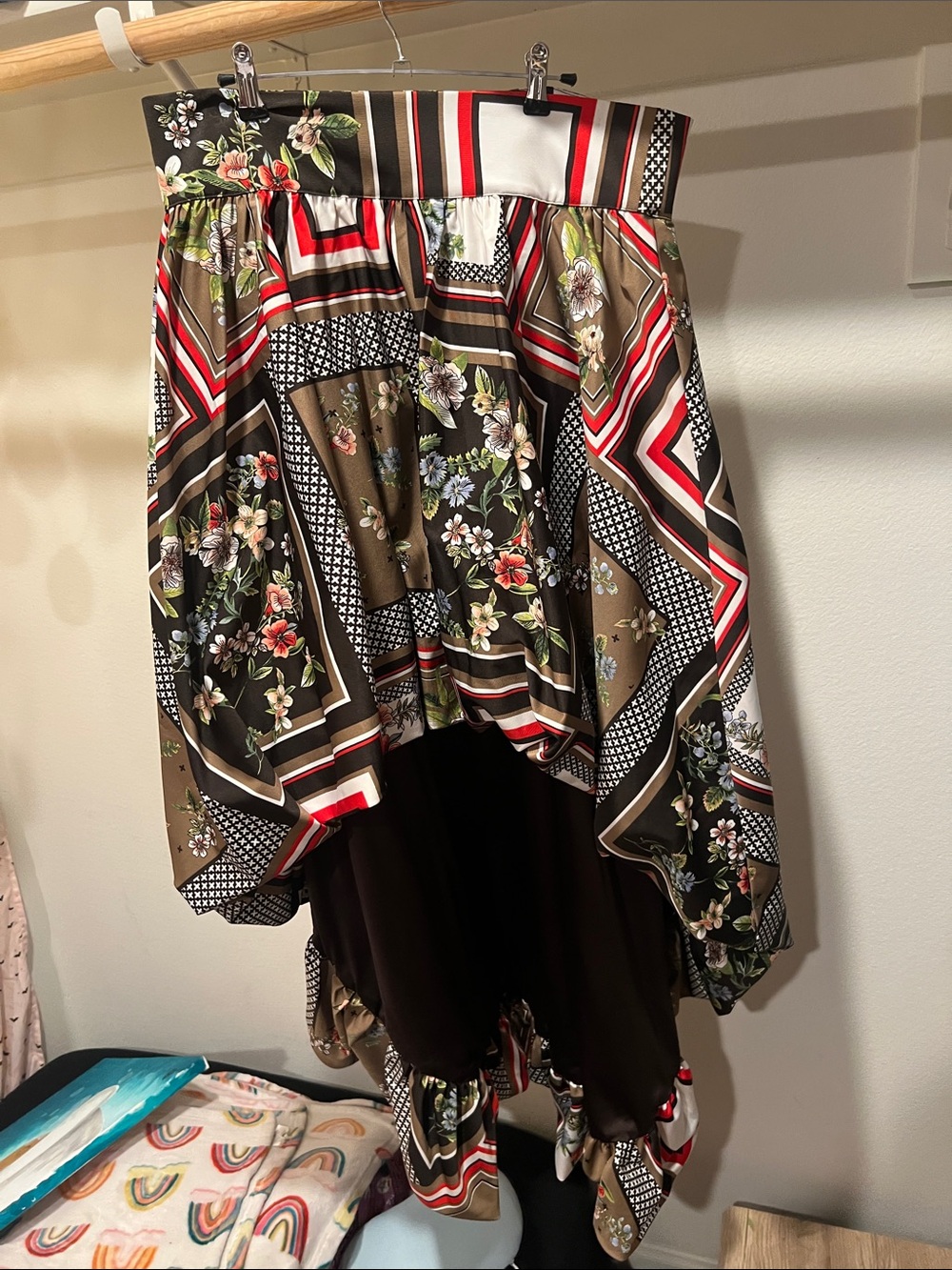 Women's Brown Floral Scarf-Print High-Low Skirt